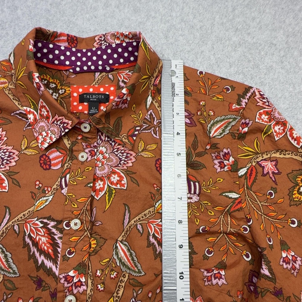 Talbots Shirt Women Petite Large Purple Brown Floral Long Sleeve Button Contrast - Picture 7 of 13